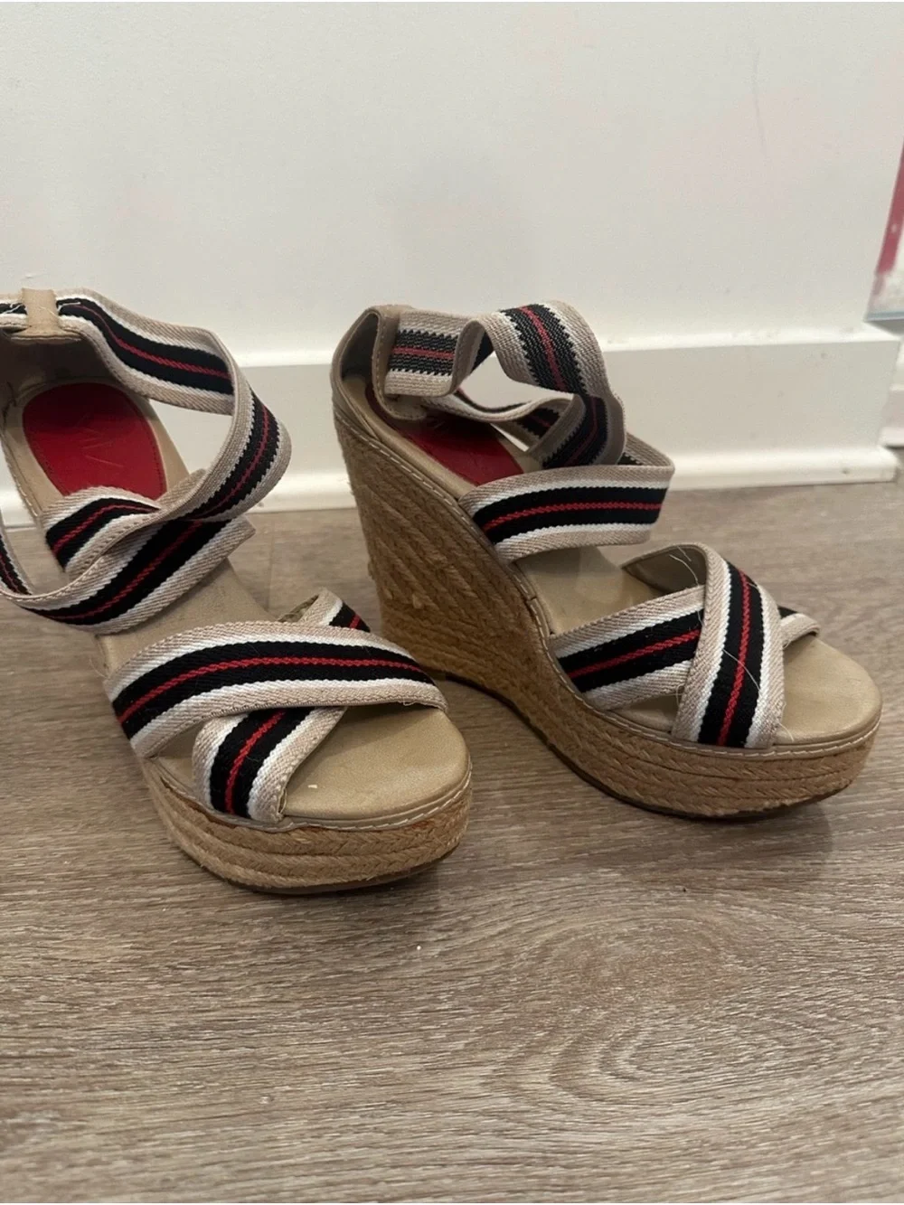 MIA Espadrille Platform Wedge Sandals Striped Elastic Ankle Strap Size 6.5
